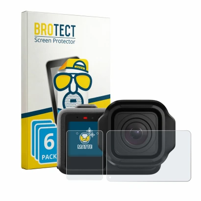 Front side of a product packaging with the brand logo BROTECT. Next to it is the device GoPro Mission 1 Pro shown with the cor
