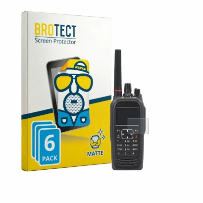 Front side of a product packaging with the brand logo BROTECT. Next to it is the device Icom IC-F4400DT shown with the corresp