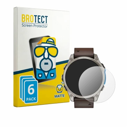 Front side of a product packaging with the brand logo BROTECT. Next to it is the device Garmin D2 Mach 2 (47 mm) shown with th