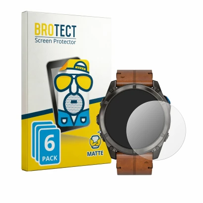 Front side of a product packaging with the brand logo BROTECT. Next to it is the device Garmin D2 Mach 2 Pro (51 mm) shown wit