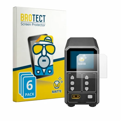 Front side of a product packaging with the brand logo BROTECT. Next to it is the device SkyRc eFuel PSU2000 shown with the cor