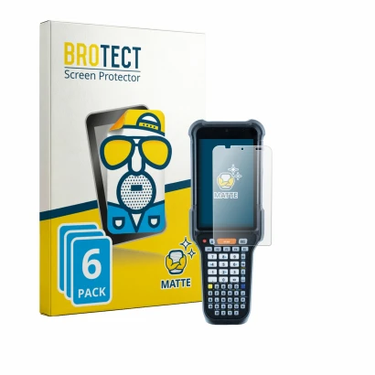 Front side of a product packaging with the brand logo BROTECT. Next to it is the device Datalogic Falcon X60 shown with the co
