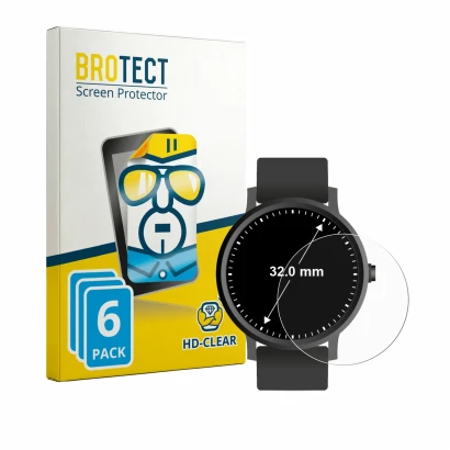 Front side of a product packaging with the brand logo BROTECT. Next to it is the device Watches (Circular, ø: 32 mm) shown wit
