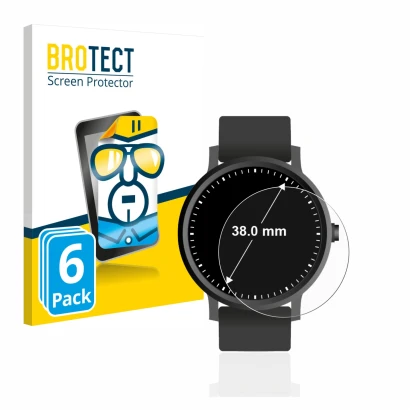 Front side of a product packaging with the brand logo BROTECT. Next to it is the device Watches (Circular, ø: 38 mm) shown wit