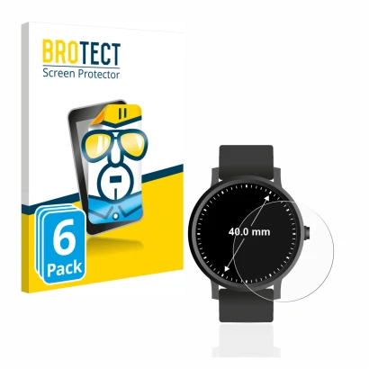 Front side of a product packaging with the brand logo BROTECT. Next to it is the device Watches (Circular, ø: 40 mm) shown wit