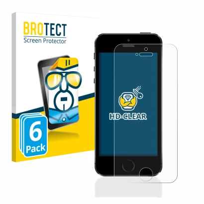 Front side of a product packaging with the brand logo BROTECT. Next to it is the device Apple iPhone 5S shown with the corresp