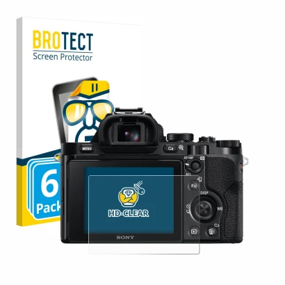 Front side of a product packaging with the brand logo BROTECT. Next to it is the device Sony Alpha 7 (ILCE-7) shown with the c