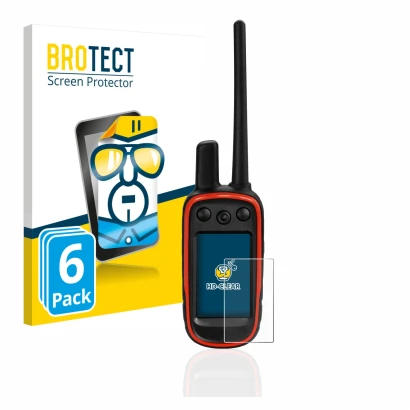 Front side of a product packaging with the brand logo BROTECT. Next to it is the device Garmin Alpha 100 shown with the corres