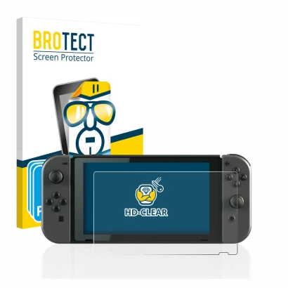 Front side of a product packaging with the brand logo BROTECT. Next to it is the device Nintendo Switch shown with the corresp