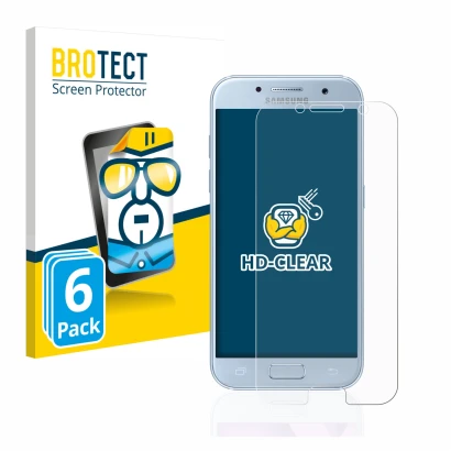 Front side of a product packaging with the brand logo BROTECT. Next to it is the device Samsung Galaxy A5 2017 shown with the