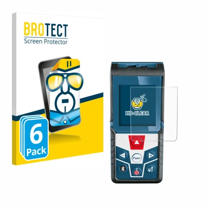 Front side of a product packaging with the brand logo BROTECT. Next to it is the device Bosch GLM 50 C Professional shown with