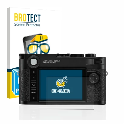 Front side of a product packaging with the brand logo BROTECT. Next to it is the device Leica M10 shown with the corresponding