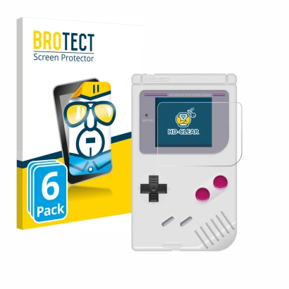 Front side of a product packaging with the brand logo BROTECT. Next to it is the device Nintendo Gameboy (1989) shown with the