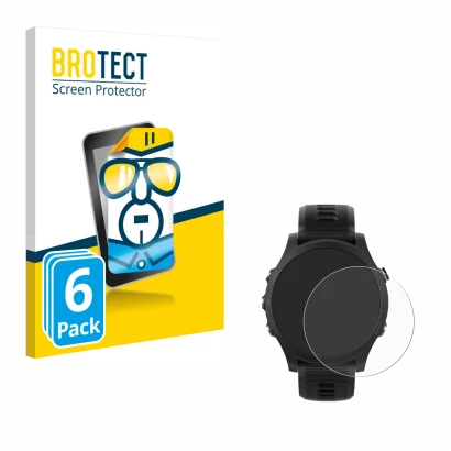 Front side of a product packaging with the brand logo BROTECT. Next to it is the device Garmin Forerunner 935 shown with the c