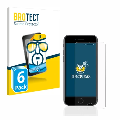 Front side of a product packaging with the brand logo BROTECT. Next to it is the device Apple iPhone 8 shown with the correspo