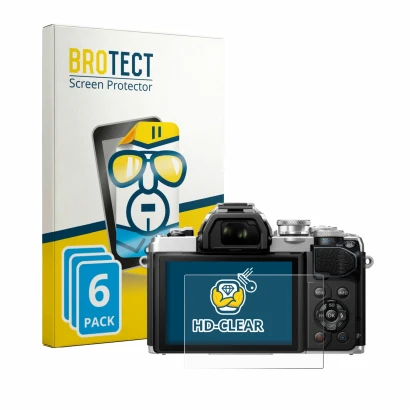 Front side of a product packaging with the brand logo BROTECT. Next to it is the device Olympus OM-D E-M10 Mark III shown with
