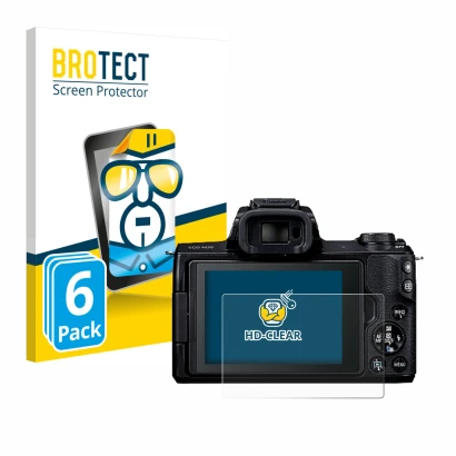 Front side of a product packaging with the brand logo BROTECT. Next to it is the device Canon EOS M50 shown with the correspon