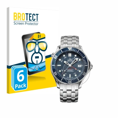 Front side of a product packaging with the brand logo BROTECT. Next to it is the device Omega Seamaster Diver (41 mm) shown wi