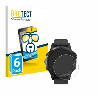 Front side of a product packaging with the brand logo BROTECT. Next to it is the device Garmin Fenix 5 Plus (47 mm) shown with