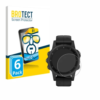 Front side of a product packaging with the brand logo BROTECT. Next to it is the device Garmin Fenix 5S Plus (42 mm) shown wit