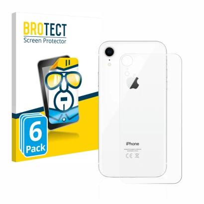 Front side of a product packaging with the brand logo BROTECT. Next to it is the device Apple iPhone XR (Back) shown with the
