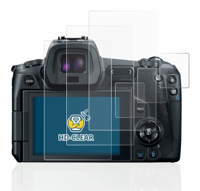 Image of the device Canon EOS R with a wide variety of screen protectors.