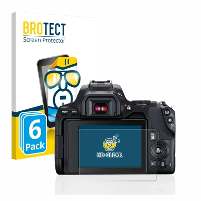 Front side of a product packaging with the brand logo BROTECT. Next to it is the device Canon EOS 250D shown with the correspo