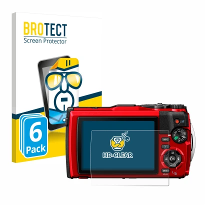 Front side of a product packaging with the brand logo BROTECT. Next to it is the device Olympus Tough TG-6 shown with the corr