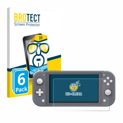 Front side of a product packaging with the brand logo BROTECT. Next to it is the device Nintendo Switch Lite shown with the co
