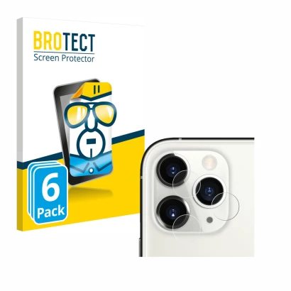 Front side of a product packaging with the brand logo BROTECT. Next to it is the device Apple iPhone 11 Pro (ONLY Camera Lens)