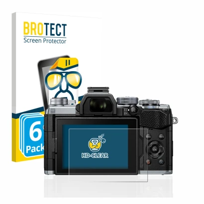 Front side of a product packaging with the brand logo BROTECT. Next to it is the device Olympus OM-D E-M5 Mark III shown with