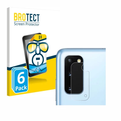 Front side of a product packaging with the brand logo BROTECT. Next to it is the device Samsung Galaxy S20 (ONLY Camera Lens) 