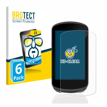 Front side of a product packaging with the brand logo BROTECT. Next to it is the device Garmin Edge 1030 Plus shown with the c