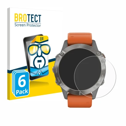 Front side of a product packaging with the brand logo BROTECT. Next to it is the device Garmin Fenix 6 Pro Solar shown with th