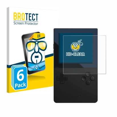 Front side of a product packaging with the brand logo BROTECT. Next to it is the device Analogue Pocket shown with the corresp