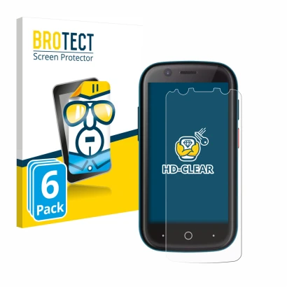 Front side of a product packaging with the brand logo BROTECT. Next to it is the device Unihertz Jelly 2 shown with the corres