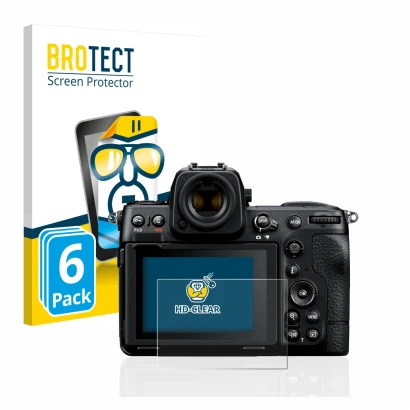 Front side of a product packaging with the brand logo BROTECT. Next to it is the device Nikon Z 8 shown with the corresponding
