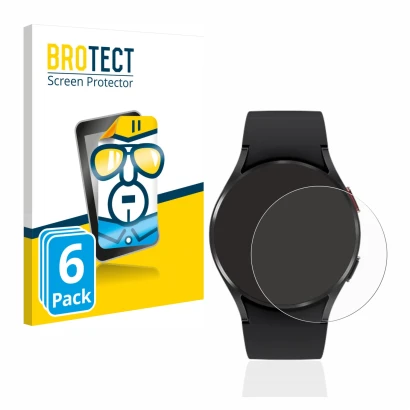 Front side of a product packaging with the brand logo BROTECT. Next to it is the device Samsung Galaxy Watch 4 (40mm) shown wi