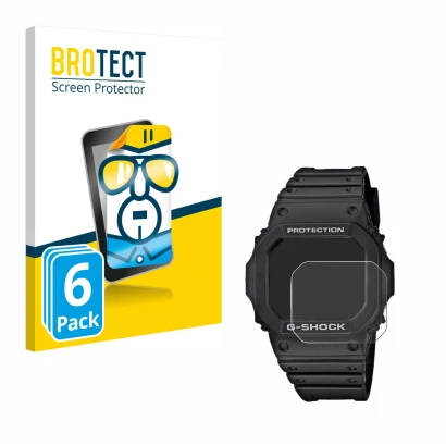 Front side of a product packaging with the brand logo BROTECT. Next to it is the device Casio G-Shock GW-M5610-1ER shown with