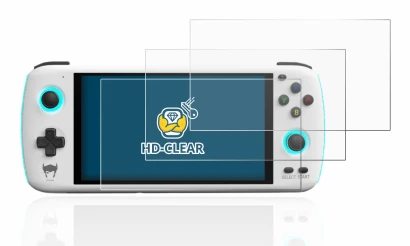Image of the device AYN Odin with a wide variety of screen protectors.