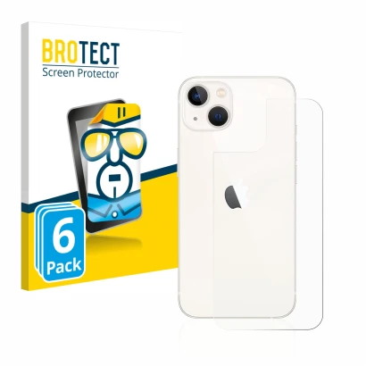 Front side of a product packaging with the brand logo BROTECT. Next to it is the device Apple iPhone 13 (Back) shown with the 