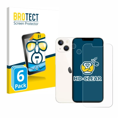 Front side of a product packaging with the brand logo BROTECT. Next to it is the device Apple iPhone 13 (Front+Camera) shown w