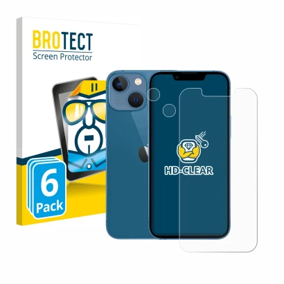 Front side of a product packaging with the brand logo BROTECT. Next to it is the device Apple iPhone 13 mini (Front+Camera) sh