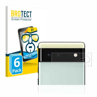 Front side of a product packaging with the brand logo BROTECT. Next to it is the device Google Pixel 6 (ONLY Camera Lens) show
