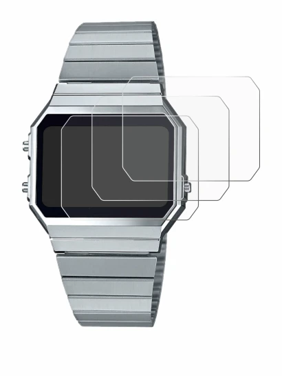 Image of the device Casio A700WE with a wide variety of screen protectors.