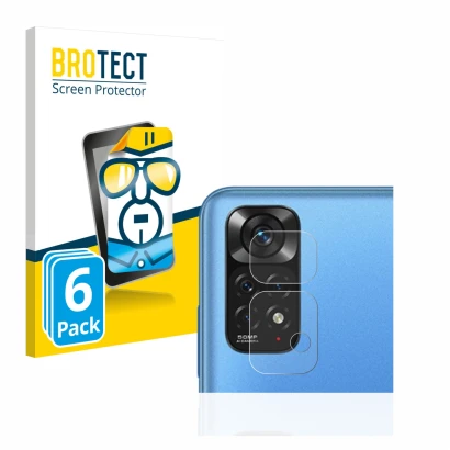 Front side of a product packaging with the brand logo BROTECT. Next to it is the device Xiaomi Redmi Note 11 (ONLY Camera Lens