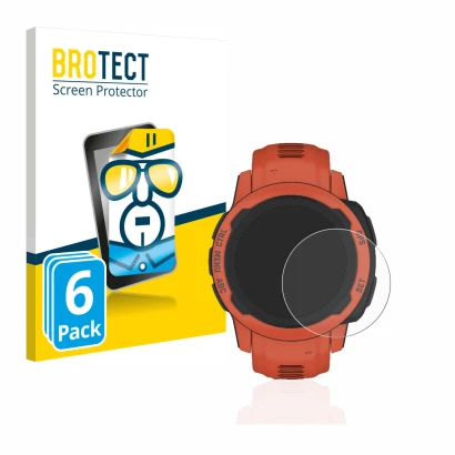 Front side of a product packaging with the brand logo BROTECT. Next to it is the device Garmin Instinct 2S shown with the corr