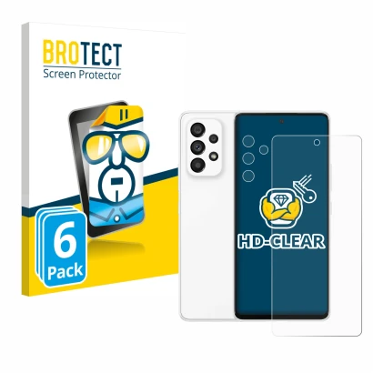 Front side of a product packaging with the brand logo BROTECT. Next to it is the device Samsung Galaxy A53 5G (Front+Camera) s