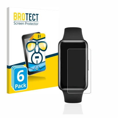 Front side of a product packaging with the brand logo BROTECT. Next to it is the device Huawei Band 7 shown with the correspon