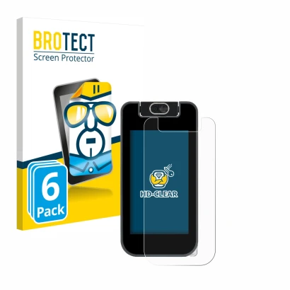 Front side of a product packaging with the brand logo BROTECT. Next to it is the device Vtech KidiBuzz 3 shown with the corres